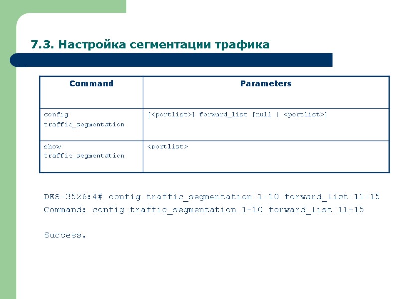 7.3. Настройка сегментации трафика  DES-3526:4# config traffic_segmentation 1-10 forward_list 11-15 Command: config traffic_segmentation